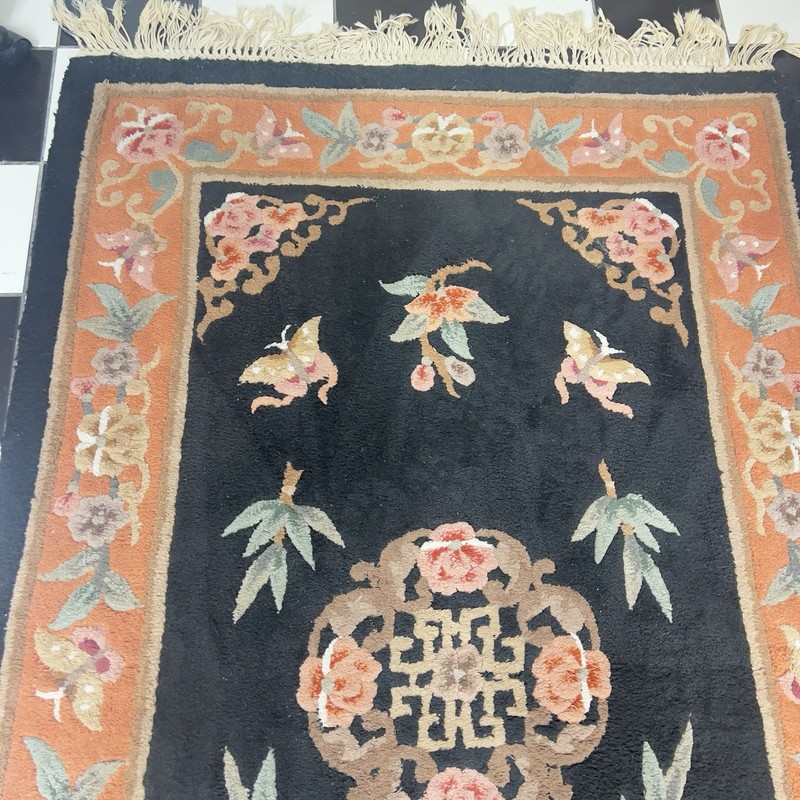 Vintage Art Deco Reproduction Chinese Wool Rug Floral Butterflies Black gallery