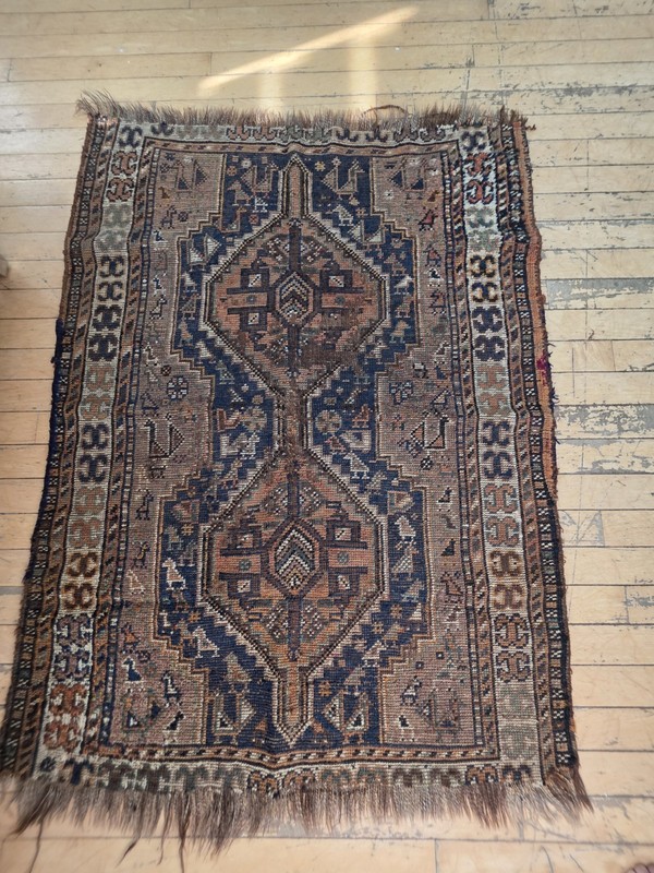Antique Hand Knotted Wool Tribal Rug 46x33 Geometric Area Rug Vintage Fringe gallery