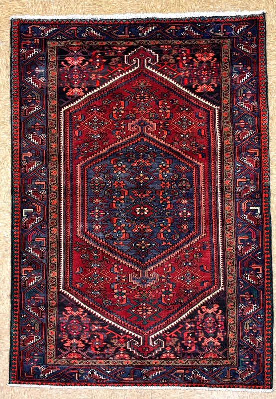 Vintage Zanjan Tribal Geometric Wool Rug 4x7 Hand Knotted Red Blue Oriental gallery
