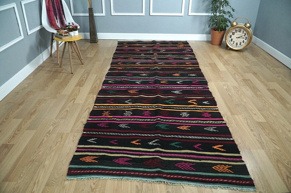 Wool Handmade Kilim Runner, Boho Colorful Turkish Runner, 4.07x10.66 ft. H-2766