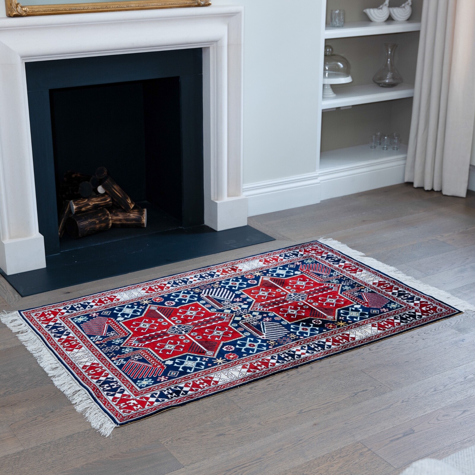 "Akstafa" Red on blue silk carpet gallery