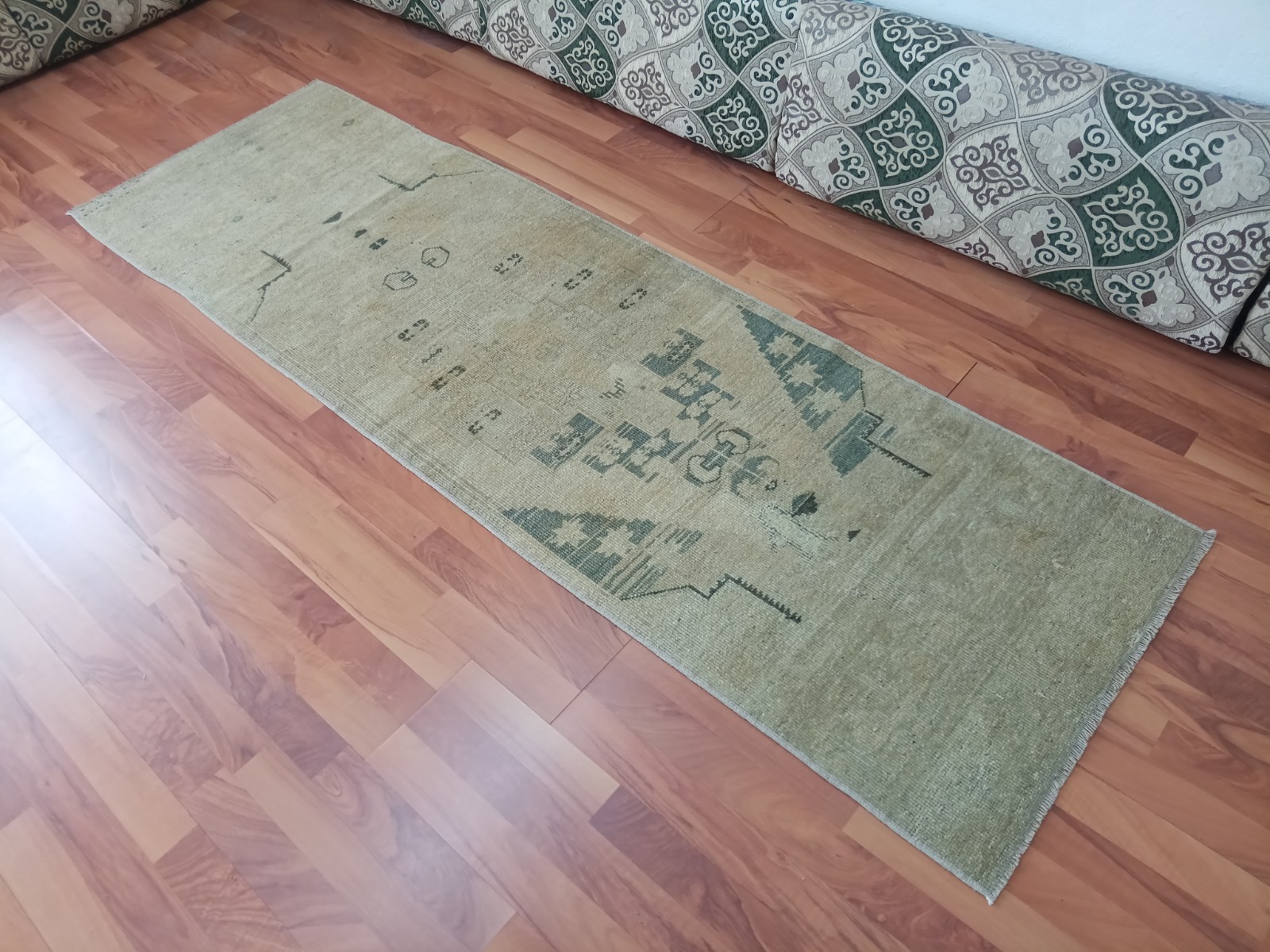 Beige Green Runner Geometric Rug Anatolian Oushak Faded Rug Handmade Rare Rug gallery