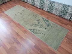 Beige Green Runner Geometric Rug Anatolian Oushak Faded Rug Handmade Rare Rug