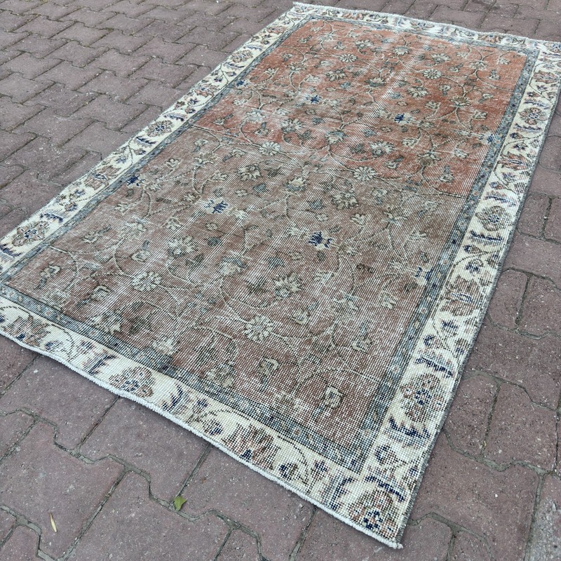 4x6 Faded Terracotta Ivory Wool Vintage Turkish Floral Handmade Rug-Tariff Free gallery