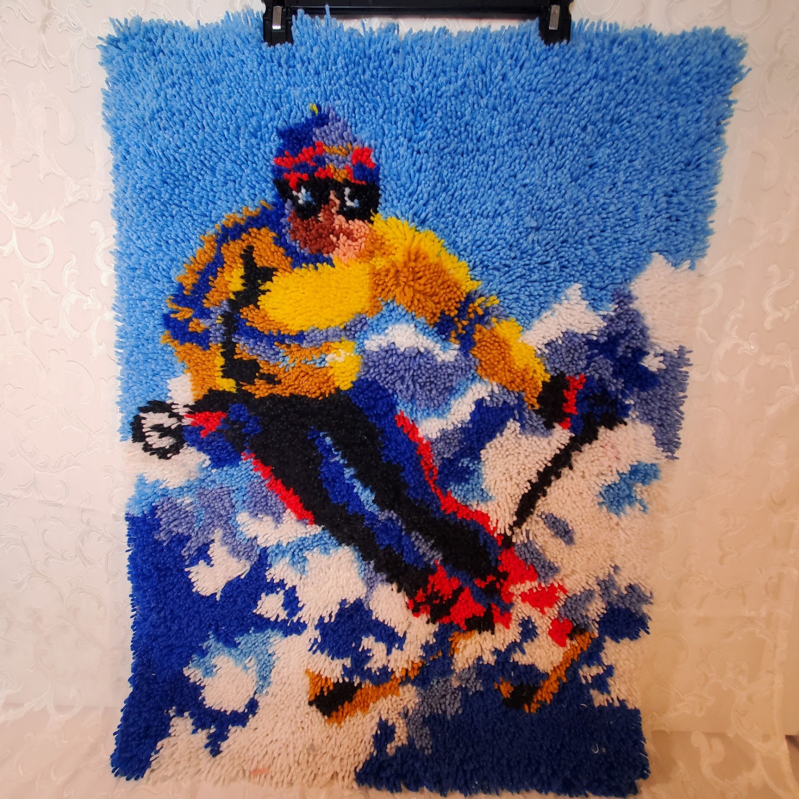 1977 vintage hand-latched skiing scene wall hanging rug or shag rug 24×32in gallery
