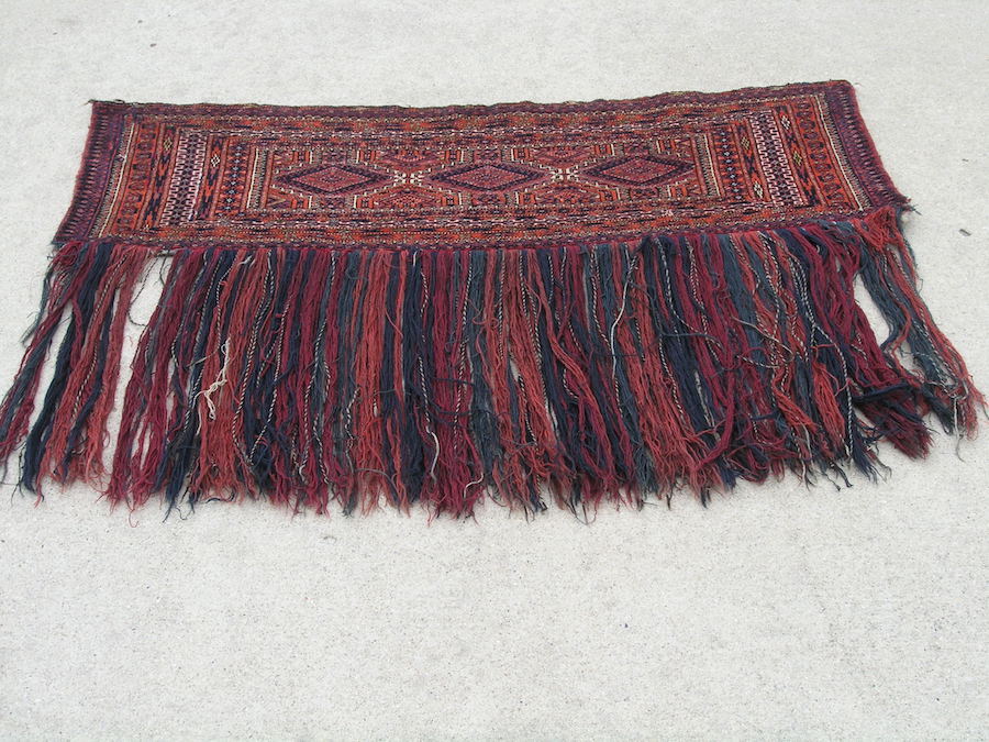 Antique Turkoman Saryk Yomud Torba Complete With Skirt Long Tassels14x46" gallery