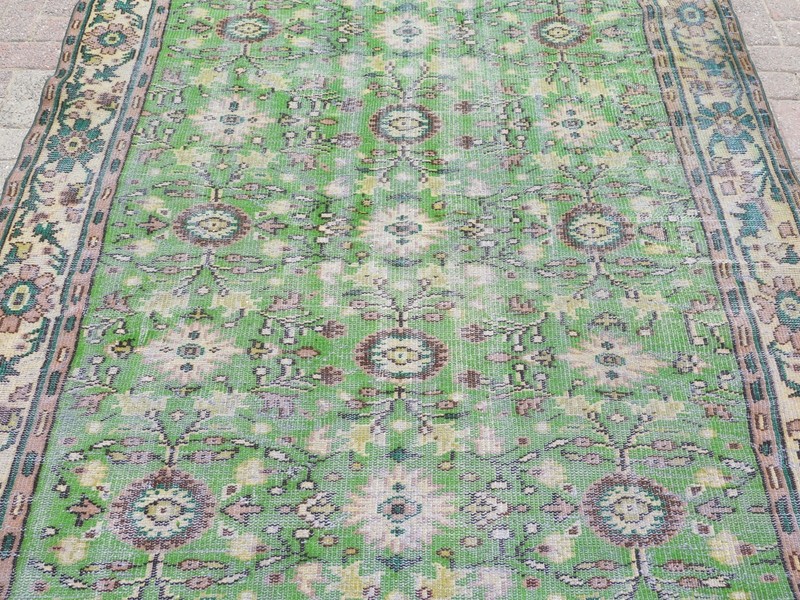 Vintage Turkish Handmade Carpet, Green Large Distresed Wool Floor Rug 74"x115" gallery