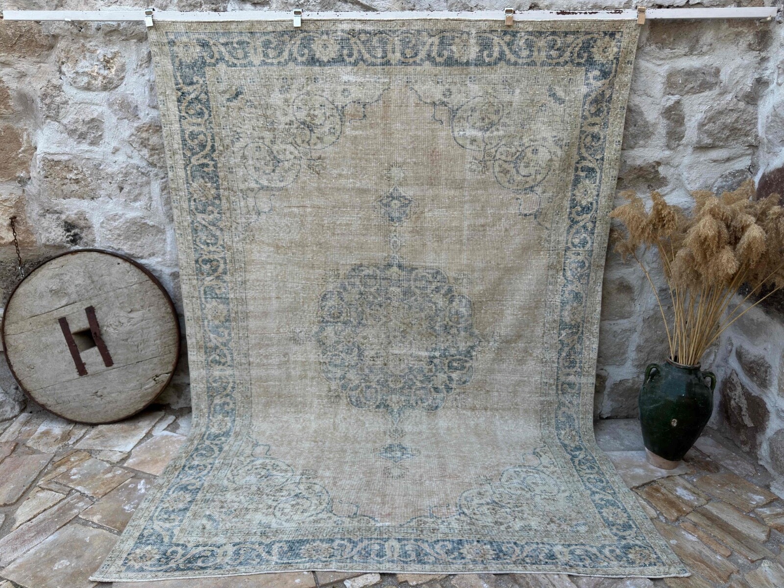 Hand-Woven Medallion Turkish Rug 7x10 Blue Large Wool Carpet Muted for Saloon gallery