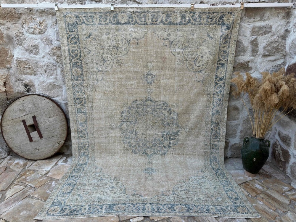 Hand-Woven Medallion Turkish Rug 7x10 Blue Large Wool Carpet Muted for Saloon