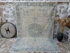 Hand-Woven Medallion Turkish Rug 7×10 Blue Large Wool Carpet Muted for Saloon