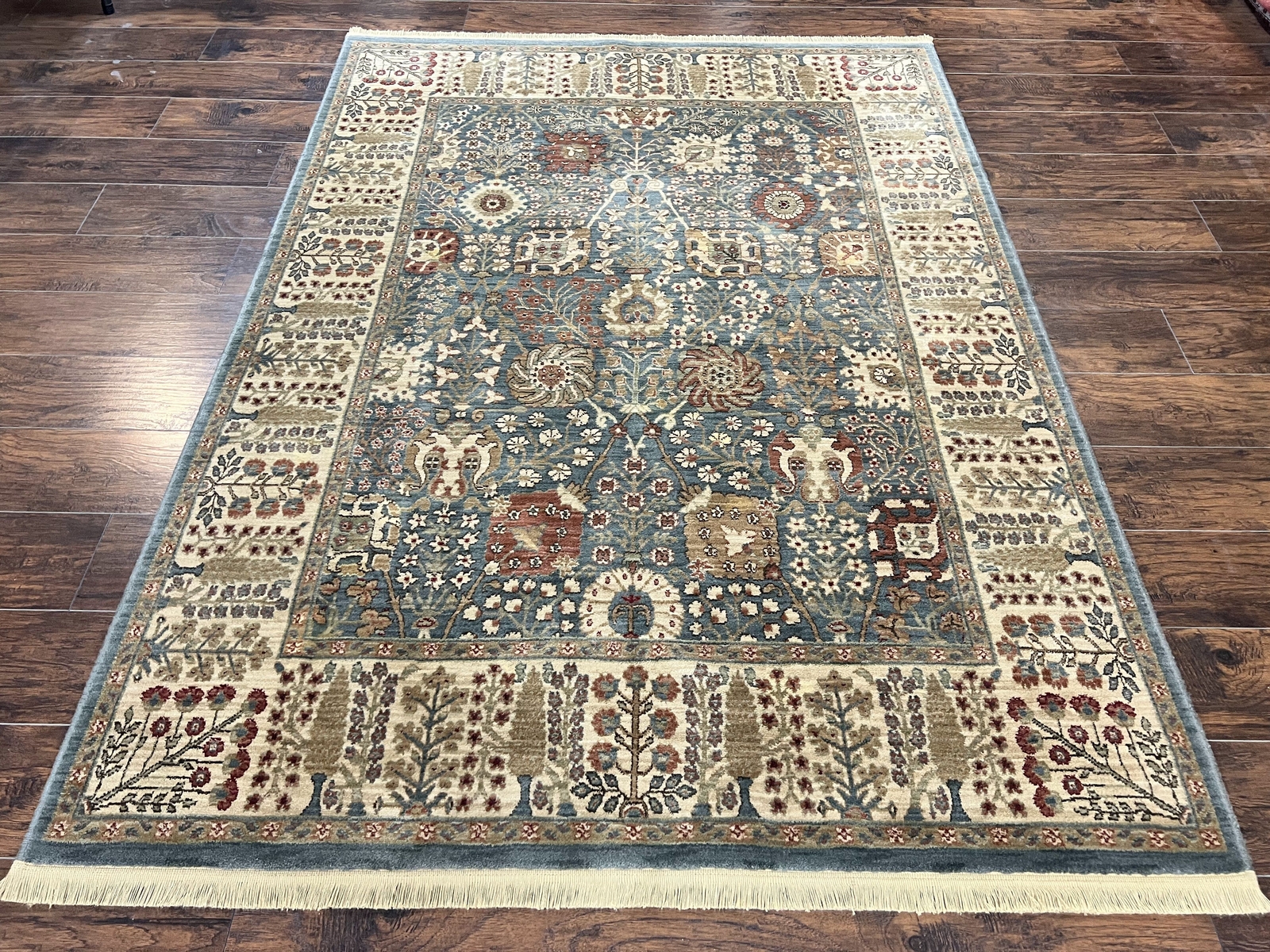 Belgium Power-Loomed Rug 5.6 x 7.6 Green and Cream Vintage Oriental Carpet gallery