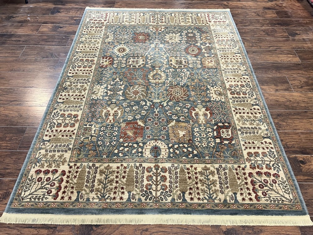 Belgium Power-Loomed Rug 5.6 x 7.6 Green and Cream Vintage Oriental Carpet