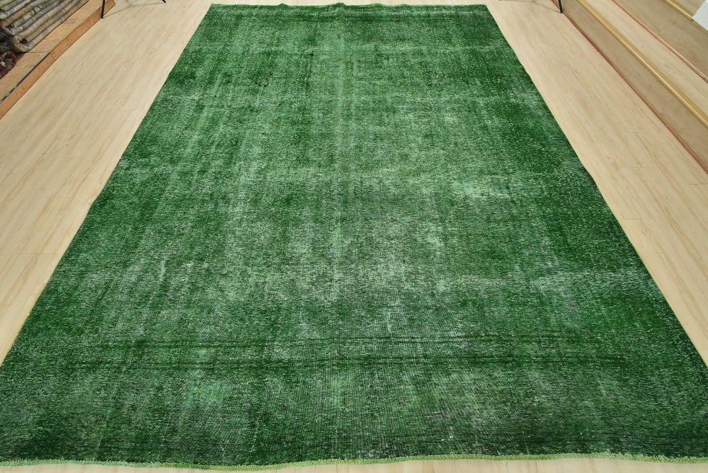 Vintage Overdyed 9’7” x 12’11” Green Distressed Wool Hand-Knotted Oriental Rug