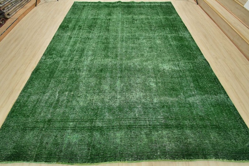 Vintage Overdyed 9’7” x 12’11” Green Distressed Wool Hand-Knotted Oriental Rug gallery