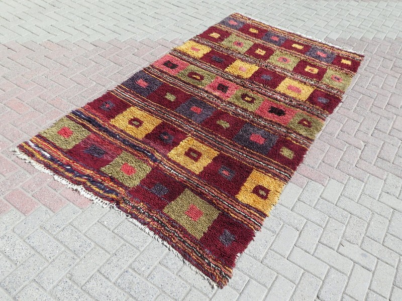 Vintage Turkish Shaggy Carpet Long Hair Rug Wool Tulu Carpet Mohair Rug 58"X107" gallery