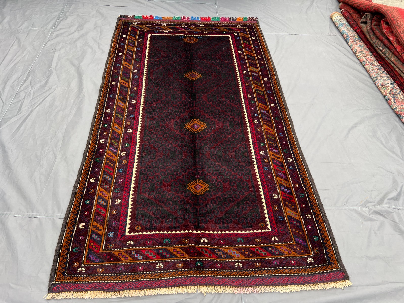 4'3x7'7 ft Vintage Afghan Hand-Knotted Red Geometric & Floral Tribal Design Rug gallery