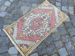 Vintage Oushak Rug, Hand-Knotted Wool, Rose Pink Sage Muted Boho Accent Rug