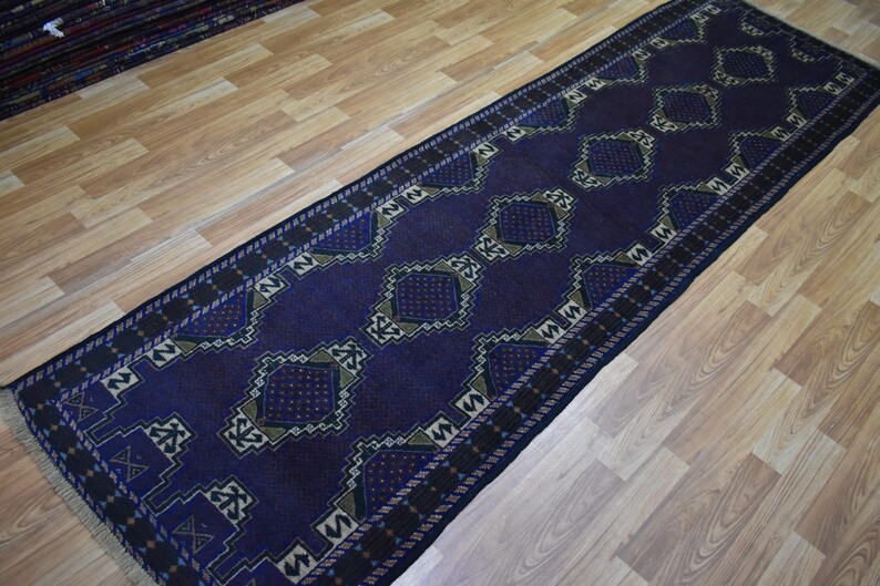 3x10 Vintage Brown Blue Tribal Handmade Afghan Geometric Baluchi Runner Rug, gallery
