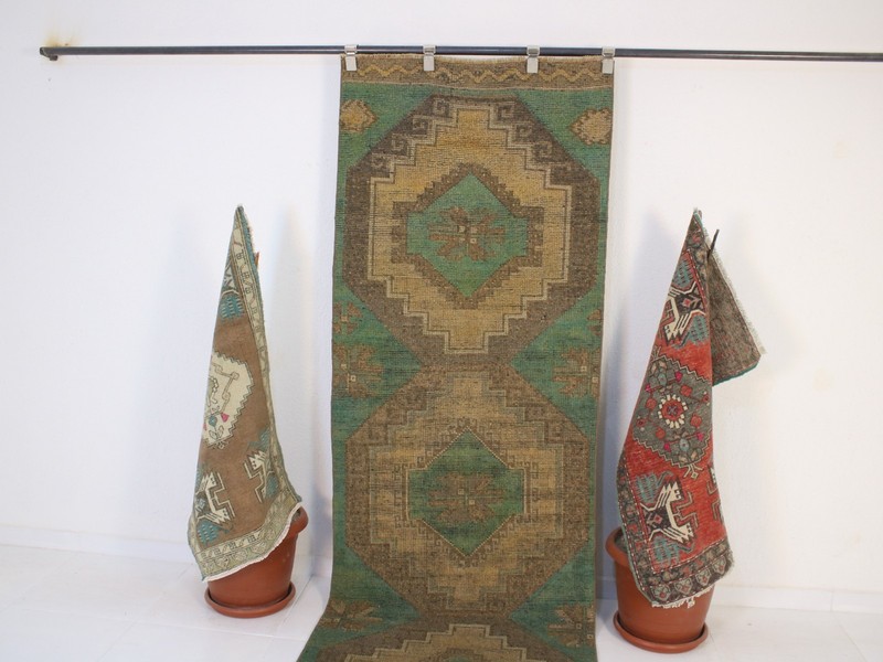 Extra Long Vintage Runner Rug , Green Beige Distressed Wool Hallway 3x12 ft gallery