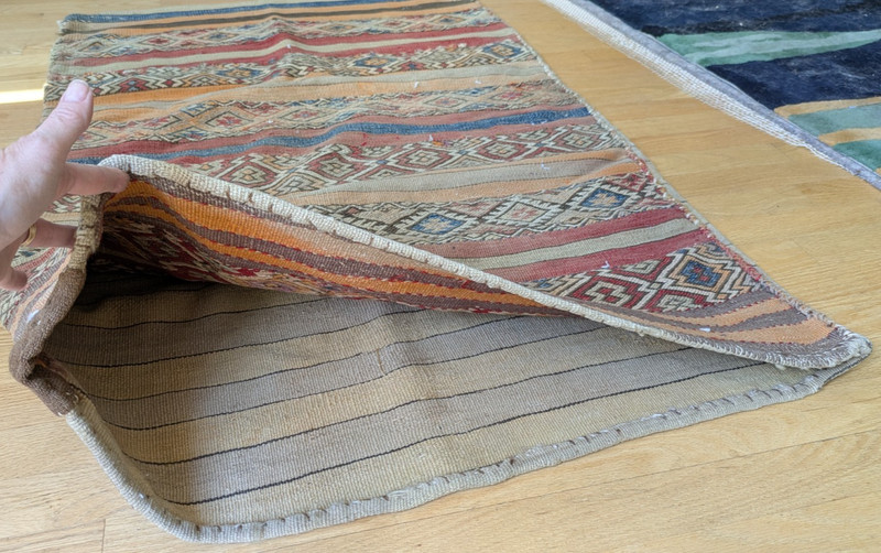 Antique Turkish Jijim Flatweave Bag Panel Stripe Diamond Geometric 48x32 Worn gallery