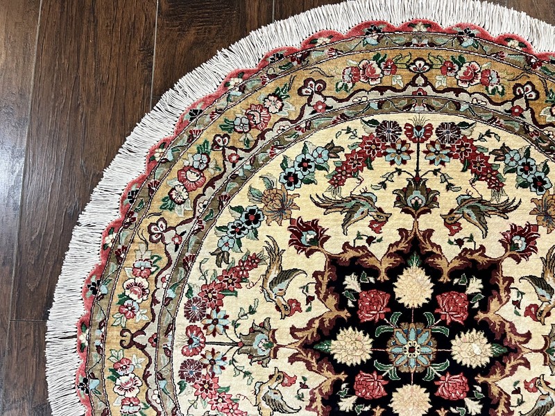 Silk Round Rug 3x3 Very Fine Handmade Carpet 380 KPSI Cream Gold Bird Pictorials gallery