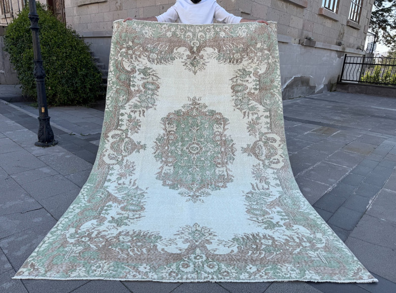 Vintage Turkish Oushak Rug 5.4x8.6 ft Muted Mint Green Medallion Wool Area Rug gallery