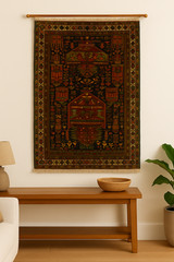 Vintage Hand-Knotted Tribal Wool Rug 7x4ft | Geometric Motif | Wall Hanging Rug