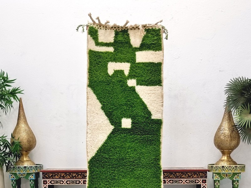 Moroccan Handmade Beniourain Rug 2'2x12 Berber Abstract Green &White Wool Runner gallery