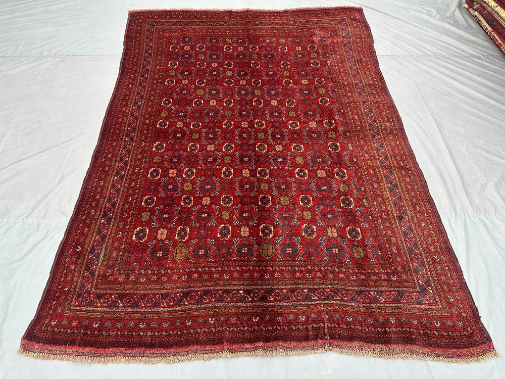 Vintage Bashiri Afghan Oriental Rug 6'4 x 9'2 – Handmade Red Wool Tribal Carpet