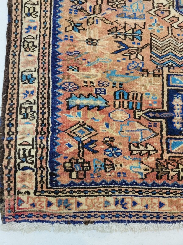 Antique Oriental Hand-Knotted Wool Runner Rust/Blue/Ivory 3'10" x 13'3" gallery