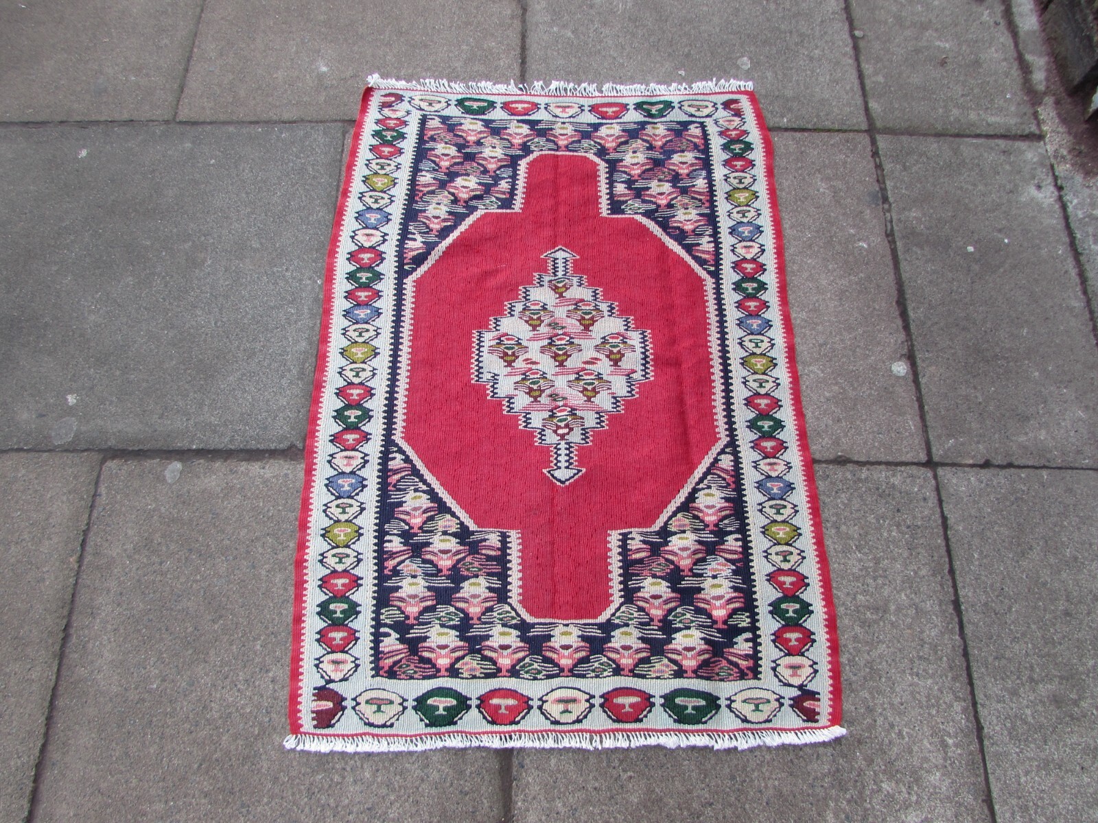 Fine Vintage Traditional Hand Made Oriental Wool Blue Red Small Kilim 104x74cm gallery