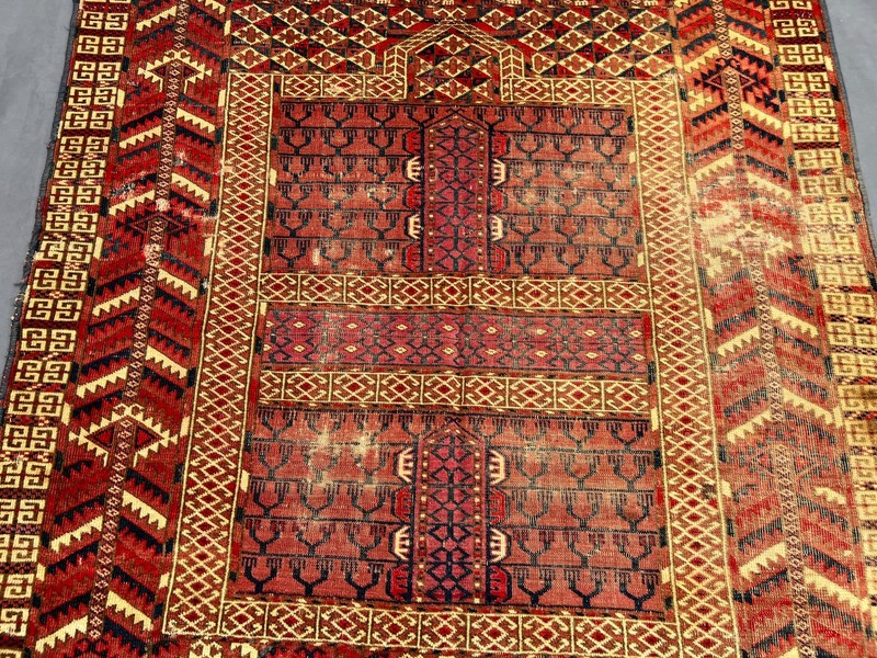 Red Distressed Low Pile Turkish Tribal Rug 4x5 ft Hand Knotted Vintage Carpet gallery
