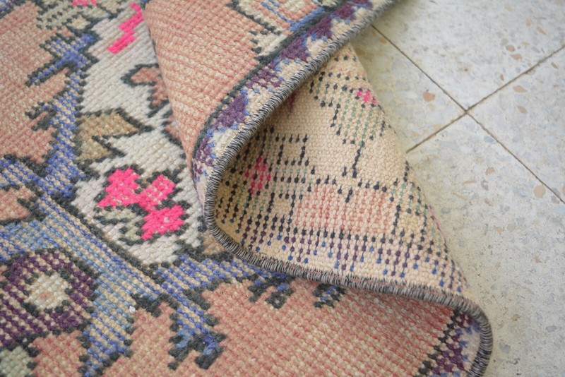 Pink Antique Turkish Hand Knotted Door Mat, 1.5x3.1ft, Multicolor Vintage Rug, gallery