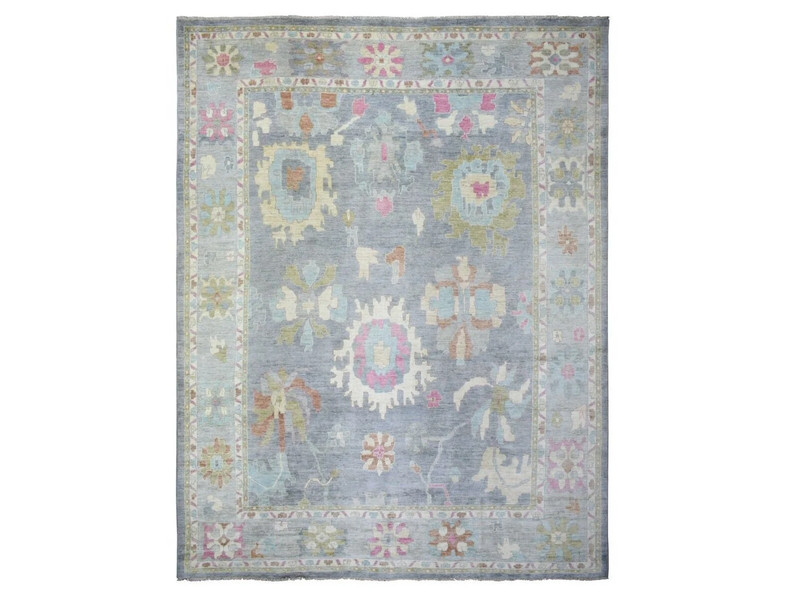 12'x15'4" Cadet Gray, Hand Knitted Angora Oushak with Colorful Motifs, Wool Rug gallery