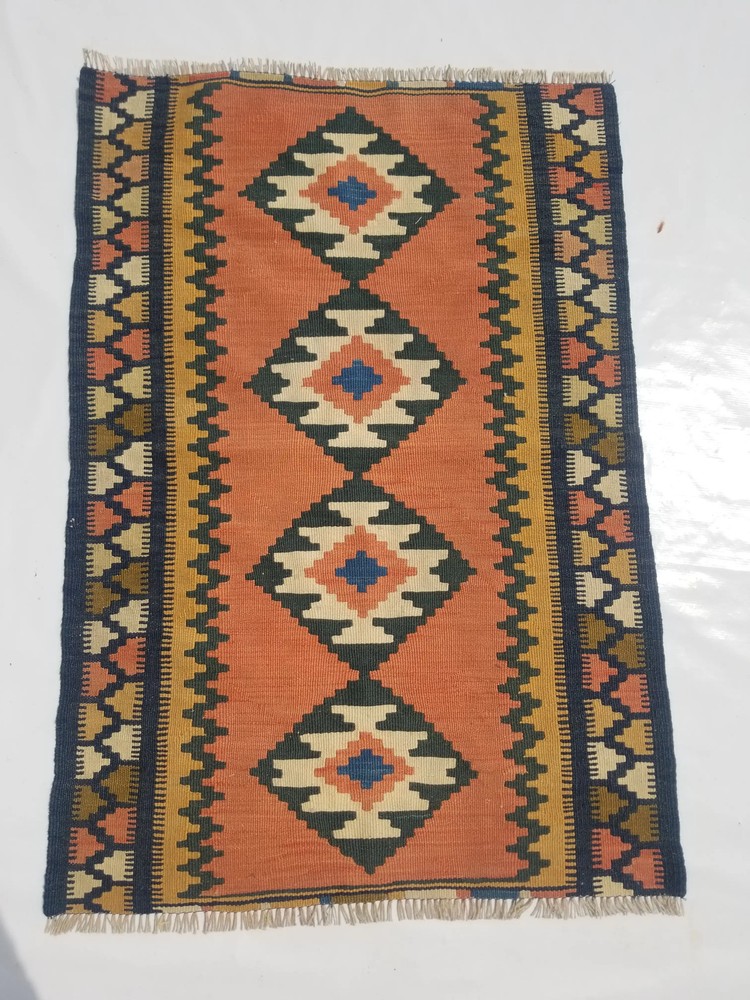 Vintage Traditional Handmade Turkish Wool Multicolor Kilim Rug 4.0x2.8ft