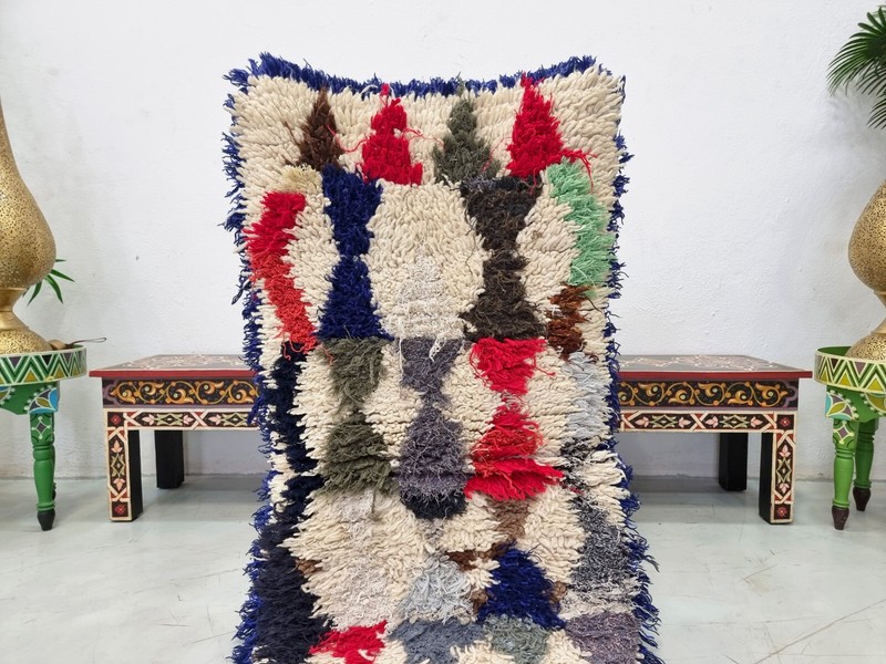 Moroccan Handmade Vintage Berber Rug2'1x4'5Geometric White &Red Wool &Cotton Rug gallery