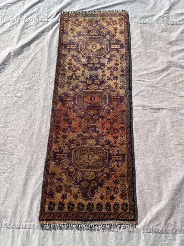 Brown Hand Knotted Afghan Runner Rug 2x5 ft Antique Terracotta Faded Wool Carpet gallery