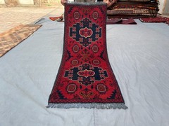 1’10×4’9 ft Vintage Afghan Hand-Knotted Tribal Rug, Red and Navy Geometric Rug