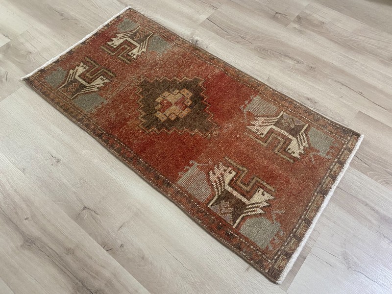 Vintage Turkish Small Wool Rug, Bohemian Oushak Doormat, 1.6 x 3.1 ft gallery
