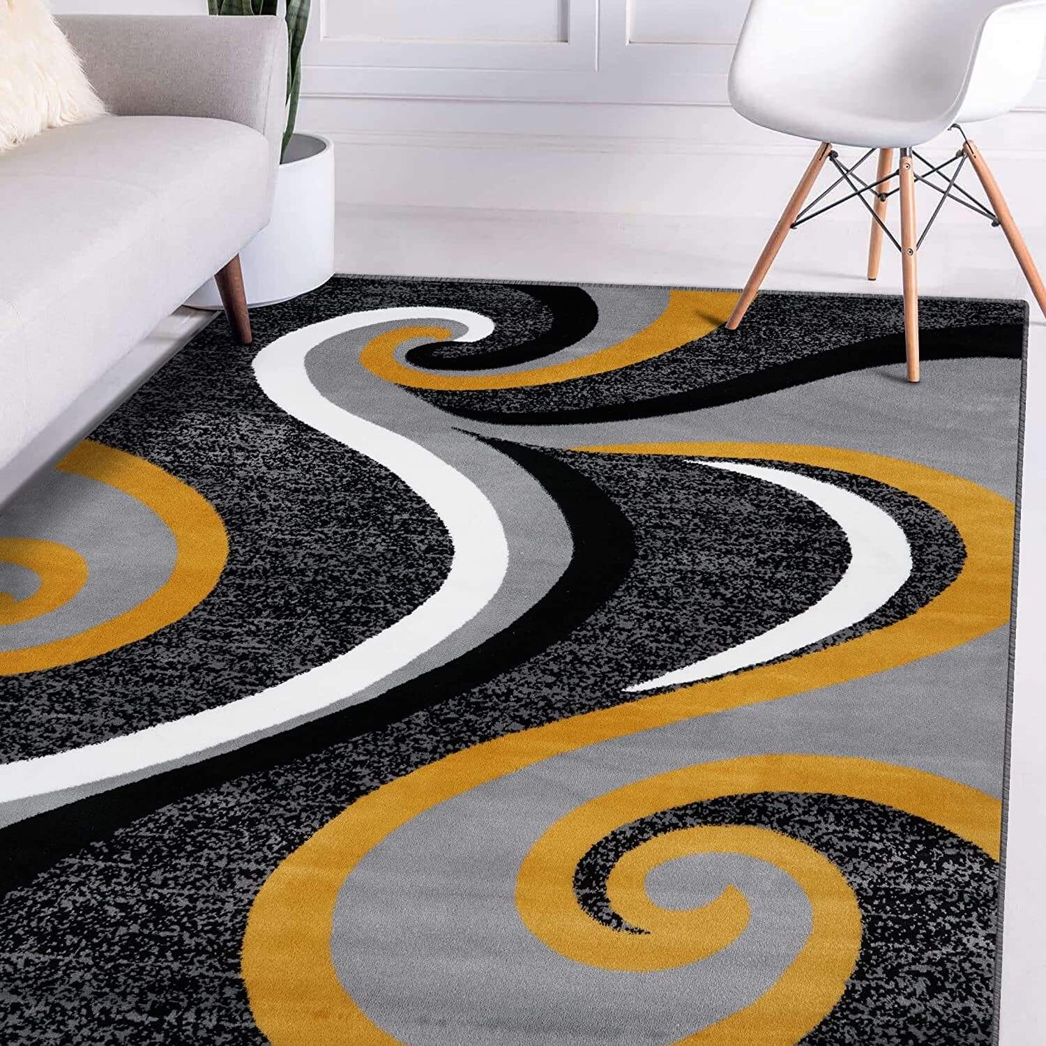 Home Decor Yellow Rugs Swirl Modern Abstract Area Rug Stylish Premium Rug gallery