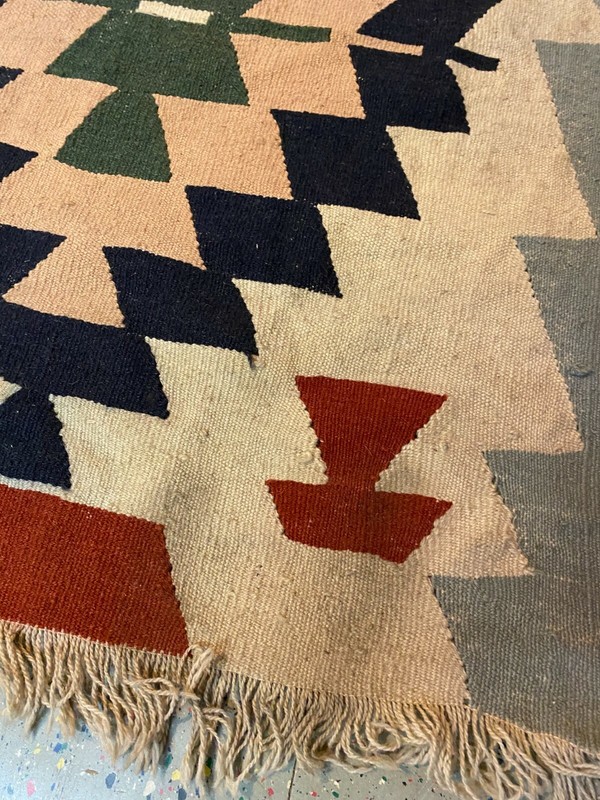 Vintage Antique Wool Handwoven Flat Weave Turkish Aztec Fringed Area Rug 7'x9' gallery