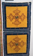 ANTIQUE TIBETAN DRAGON RUG, VAJRA c1900 TIBET, PRIMITIVE WEAVE: 27.5X56 in