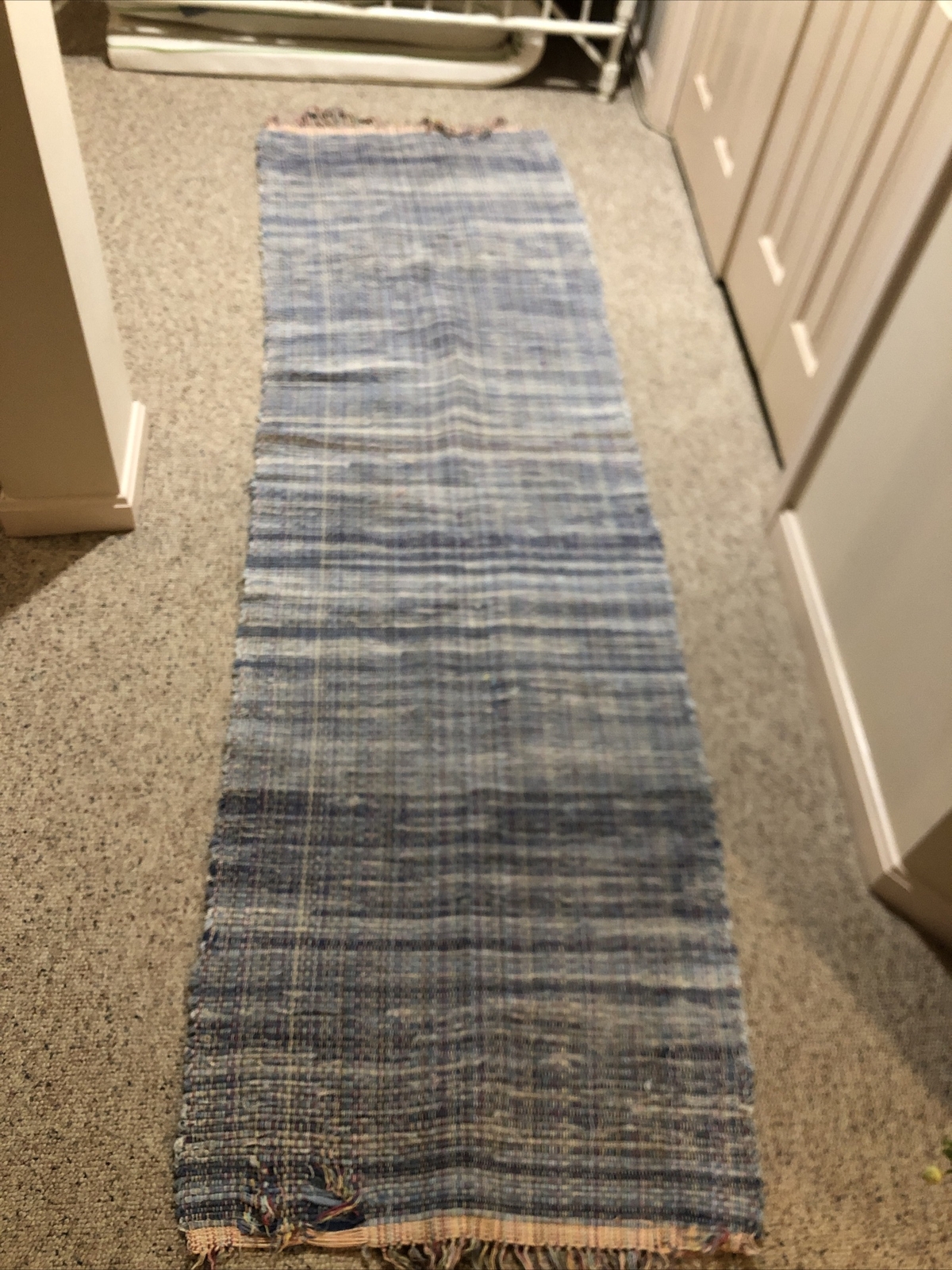VTG HAND LOOMED DENIM RAG FLOOR RUG BLUE FARMHOUSE 1970s USA 26 1/2 X 90" AS IS gallery