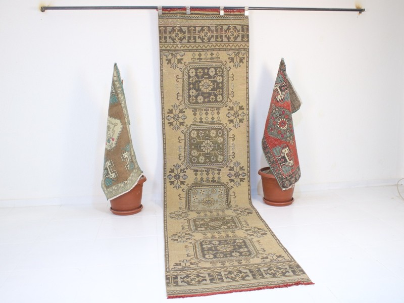 3x11 Ft Beige Runner Rug, Handmade Runner, Vintage Muted Hallway Rug, 2.7x10.8 gallery