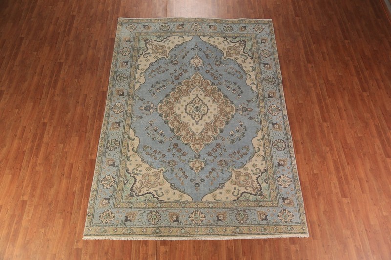 Light Blue Distressed Area Rug 8x11 Ft Hand-Knotted Over-Dyed Oriental Carpet gallery