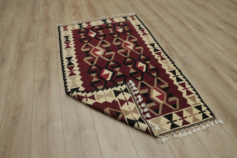 Burgundy Carpet Anatolian Handwoven Vintage Ethnic Cappadocia Kilim Rug 4x5 ft gallery