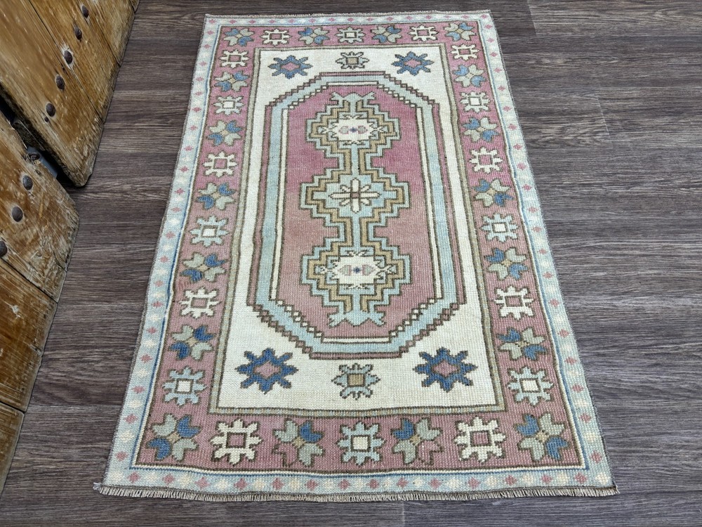3x4 Hand-Knotted Wool Vintage Turkish Anatolian Rug Pink Blue Beige Small Oushak