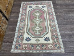 3×4 Hand-Knotted Wool Vintage Turkish Anatolian Rug Pink Blue Beige Small Oushak