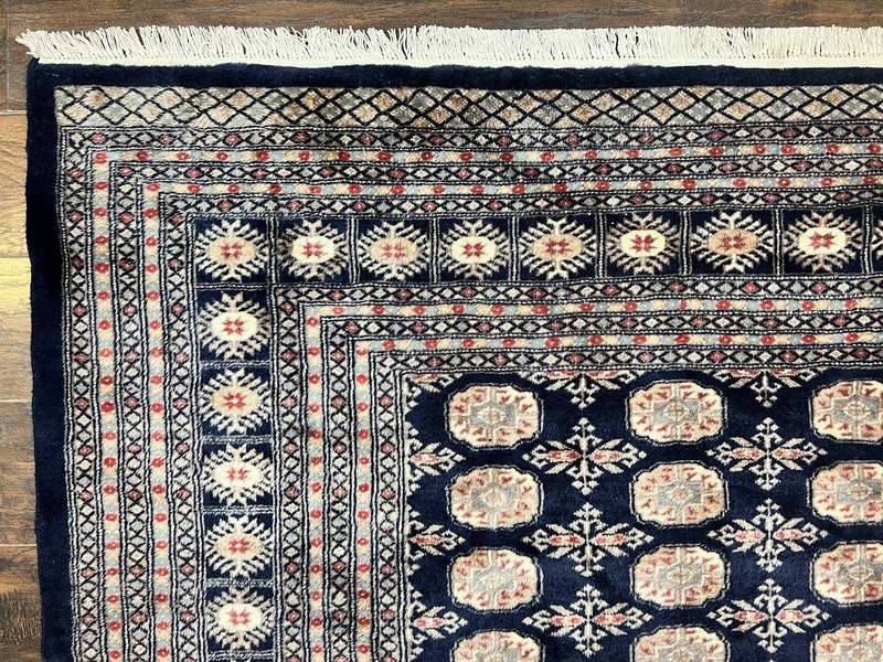 Pakistani Bokhara Rug 8x10 Turkoman Carpet Dark Blue Beige Vintage Handmade Wool gallery