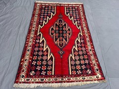 4’2×6’5 ft Caucasian Vintage Geometric Serrated Medallion Handknotted Wool Rug